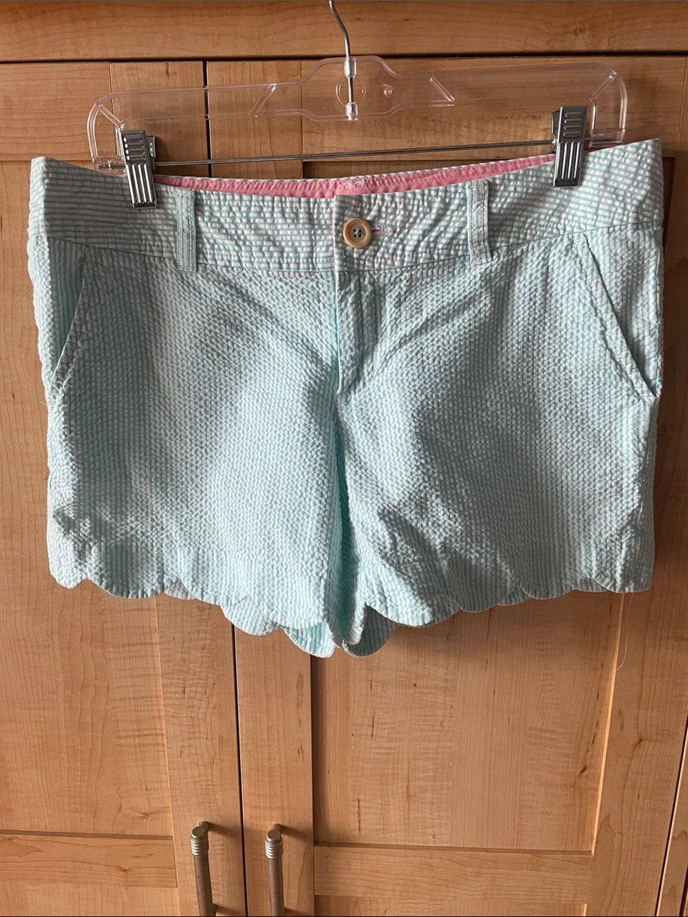 Lilly Pulitzer Scalloped Hem Light Aqua Seersucker Shorts